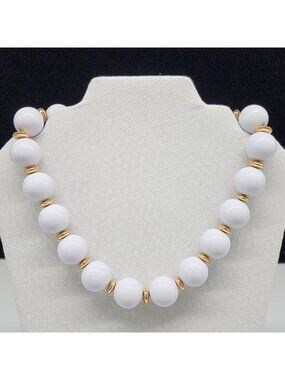 Vintage Napier White Chunky Bead Necklace With Gold Tone Spacers 9"